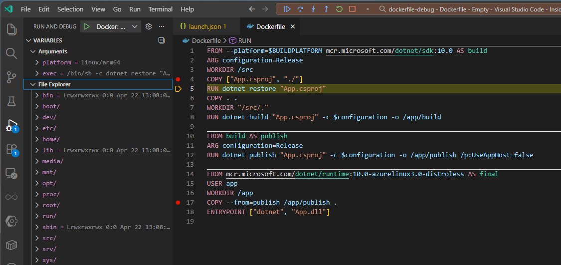 Screenshot showing dockerfile debugging with arguments and file explorer on the left and a Dockerfile with multiple break points on the right